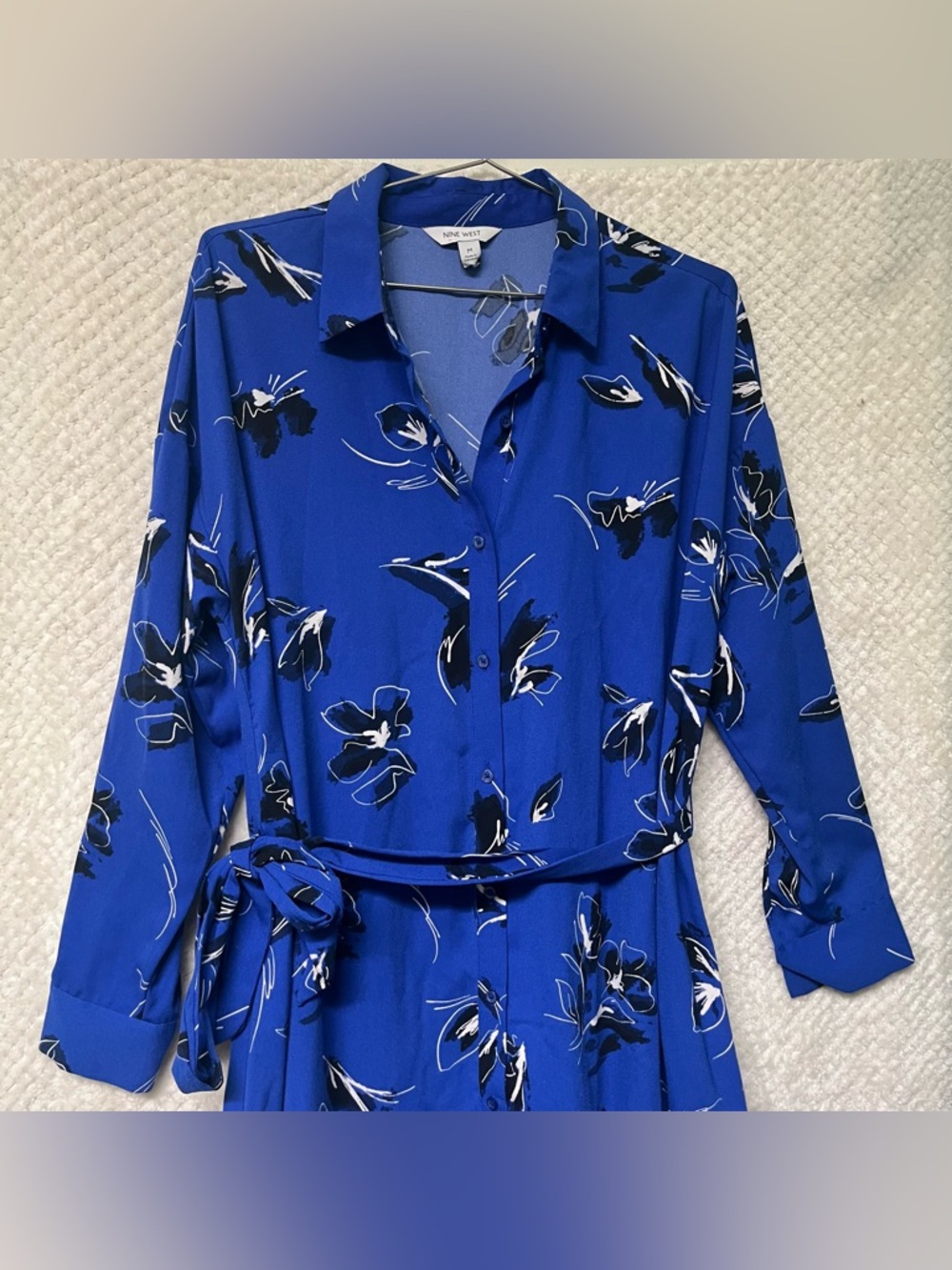 Nine West Shirt Dress Ruffle Hem Floral Button-Front Tie Waist Blue Medium - Picture 7 of 11